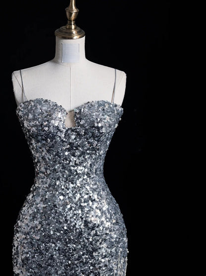 Elegantes Meerjungfrauen-Abendkleid mit Spaghettiträgern, silber-grau mit Pailletten, langes formelles Kleid für die Oberstufe, N1269