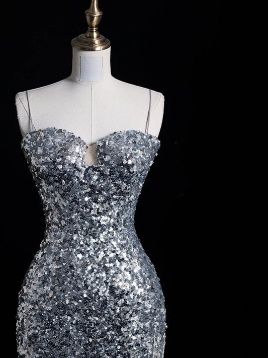 Chic Mermaid Spaghetti Strap Silver Gray Sequins Senior Prom dresses High School Long Formal Dresses N1269