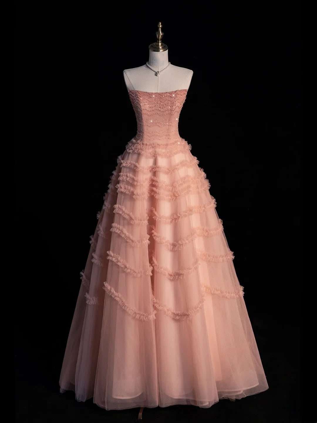 Niedliches, trägerloses Ballkleid aus rosa Tüll für den Abschlussball, langes formelles Kleid für die High School, N1273