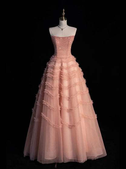 Niedliches, trägerloses Ballkleid aus rosa Tüll für den Abschlussball, langes formelles Kleid für die High School, N1273