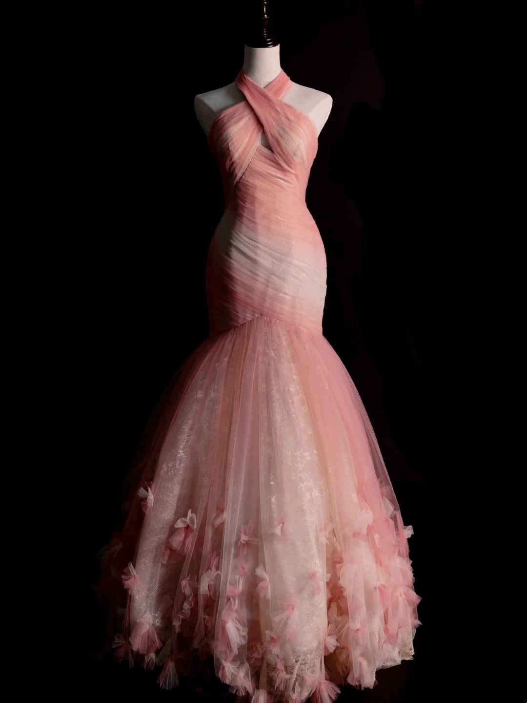 Elegantes Meerjungfrauen-Halterkleid aus rosa Tüll, langes Ballkleid, Abschlusskleid N1229