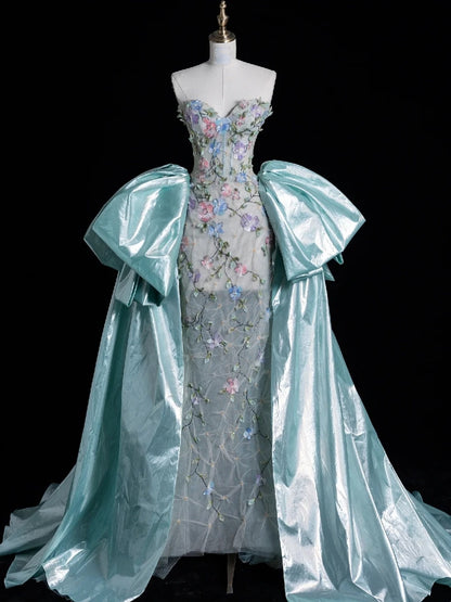 Modest Sheath Sweetheart Sleeveless Tulle Floral Long Prom Dress Mint Green For Women Girls Evening Dresses N655