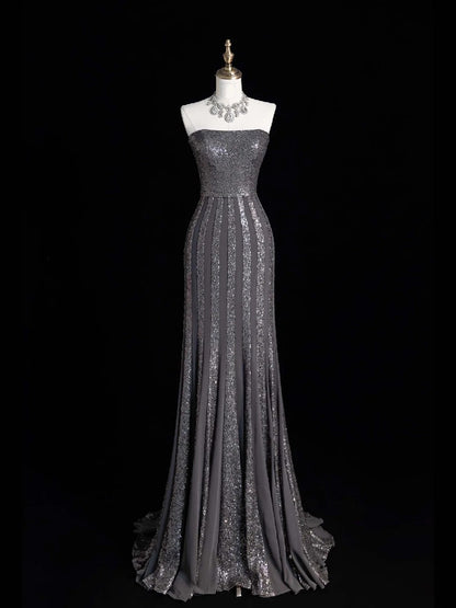 Funkelndes, trägerloses Meerjungfrauen-Abendkleid mit silber-grauen Pailletten, langes formelles Kleid für die Oberstufe, N1282