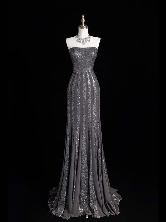 Sparkly Mermaid Strapless Silver Grey Sequins Senior Prom Dresses High School Long Formal Dress N1282