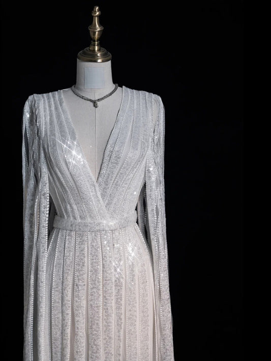 Modest A Line V Neck White Sequin With Long Sleeves Cape Prom Dresses Evening Party Formal Gown 17th Birthday Outfits AB811