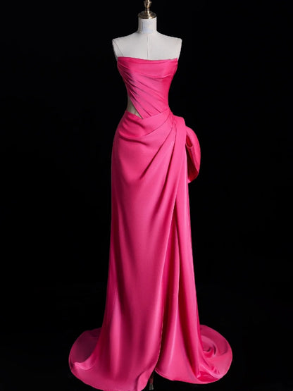 Robe de bal longue sirène simple sans bretelles en satin rose plissé avec doublure en satin N849