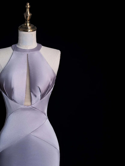 Robe de soirée longue de princesse sirène dos nu en satin lilas poudré N744