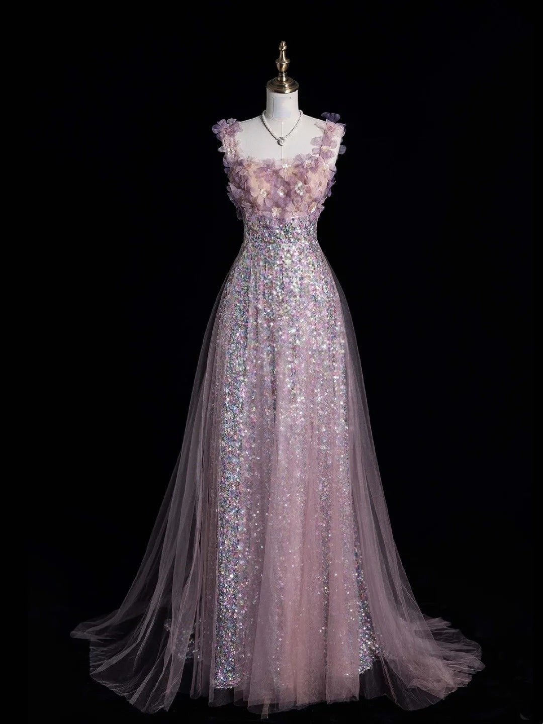 Robe de bal longue élégante à bretelles spaghetti et sequins roses, coupe trapèze, idéale pour les soirées formelles (Vestidos De Dia N766)