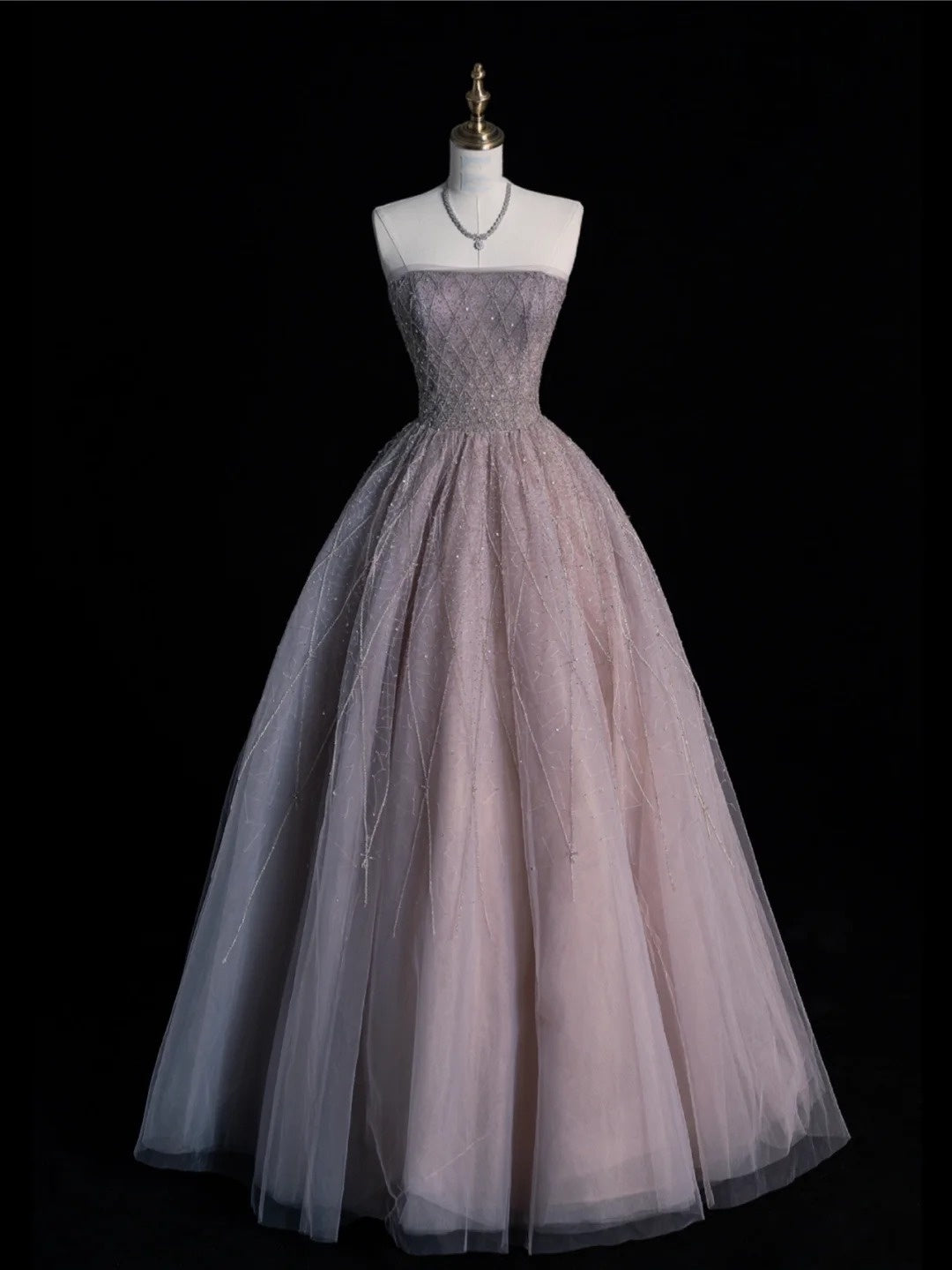 Robe de bal sobre sans bretelles ornée de perles, longue robe de bal en tulle gris pour adolescentes, robe de demoiselle d'honneur formelle N1071