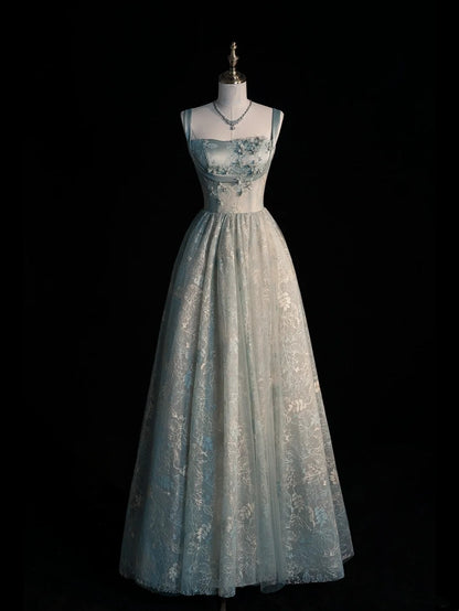 Robe de bal de fin d'année vert sauge, coupe trapèze, col carré, sans manches, N1343