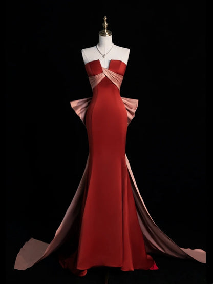 Robe de bal de fin d'année élégante, sans bretelles, en satin rouge rouille, modèle N1268