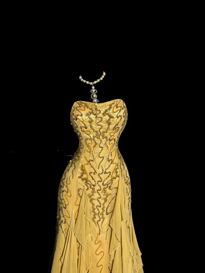 Robes de bal modestes sirène sans bretelles en mousseline dorée avec perles longue robe de soirée formelle N3863