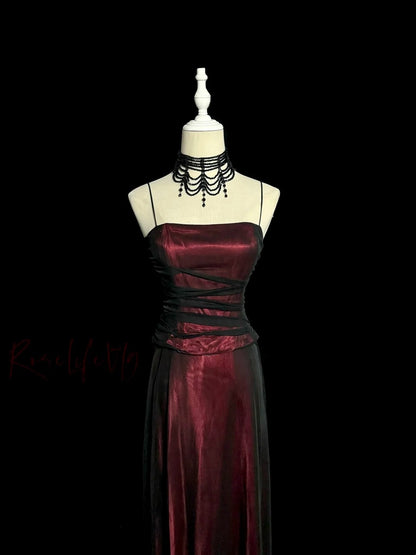Belles robes de bal trapèze bordeaux à fines bretelles en tulle noir, longues tenues de soirée N3434