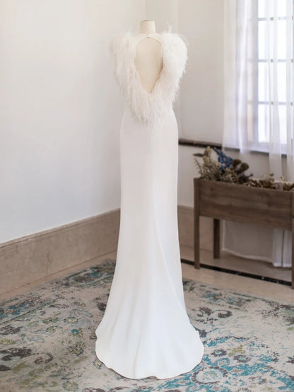 Chic Mermaid Scoop Satin Backless With Feathers White Satin Long Summer Bridal Gown Wedding Dresses RB3982