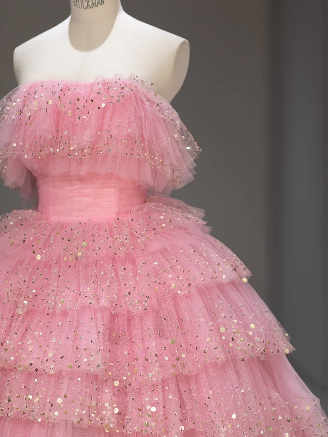 Princess Prom Dresses Ball Gown Strapless Pink Tulle Sweet 16 Evening Long Formal Dress RB4006