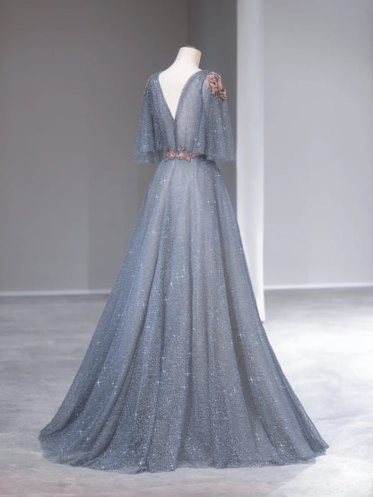 Ball Gown V Neck Dusty Blue Tulle Sleeveless With Beads Prom Dresses Formal Outfits RB3983