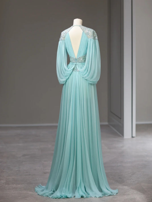 Beautiful A Line V Neck Blue Chiffon With Sleeves Long Prom Dresses Inspo Formal Outfits RB3992