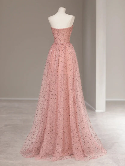 Pretty A line Sweetheart Pink Tulle Sleeveless Long Prom Dresses Formal Outfits RB3984