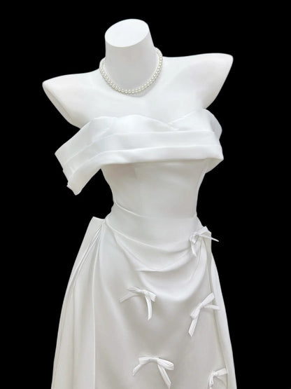 Stylish A Line Off The Shoulder White Long Floor Length Prom Dresses Inspo Evening Outfits RB4464