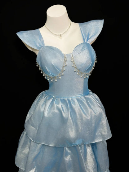 Princess Prom Dresses Formal Ball Gowns Sweetheart Blue With Pearls Long Party Gowns N4536
