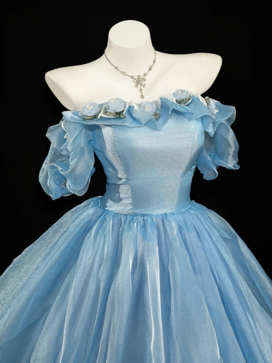 Princess Prom Dresses Formal Ball Gowns Off The Shoulder Blue With Sleeves Long Party Gowns N4518