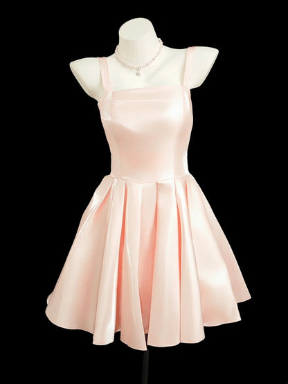 Romantic A Line Spaghetti Strap Blush Pink Senior Short Graduation High School Homecoming Dresses N4553