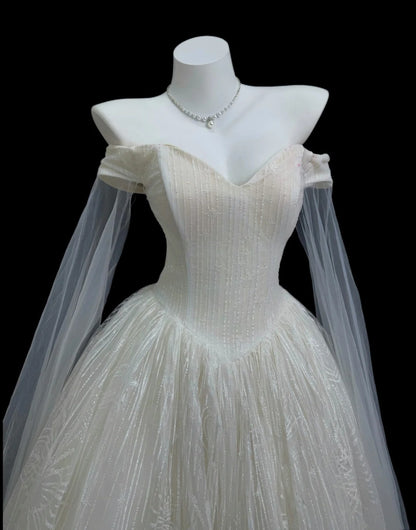 Élégante Robe de Bal Épaule Dénudée Paillettes Blanches Avec Cape Robe de Mariée Robes de Mariée Longues RB4463