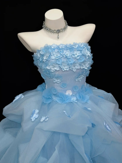 Hübsches Ballkleid, trägerlos, blau mit 3D-Blumen, Senior-Inspiration Abschlussball High School Homecoming Kleider N4517