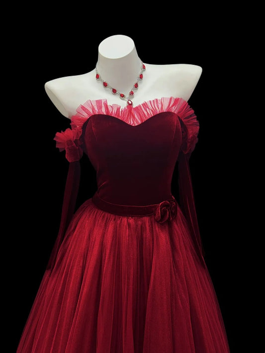 Chic A line Sweetheart Red Tulle With Ruffled Date Floor Length Night Evening Outfit Formal Prom Dresses RB5443