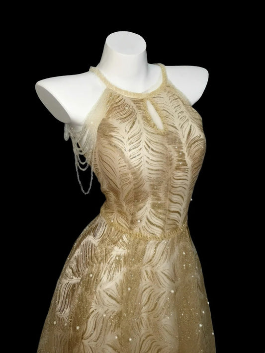 Princess Prom Dresses Formal A Line Halter Gold Sequin Sleeveless Long Party Gowns N4538