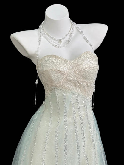 Glitzernde A-Linien-Ballkleider, Sweetheart-Ausschnitt, salbeigrün, Tüll mit Pailletten, bodenlang, formelle Outfits RB4356