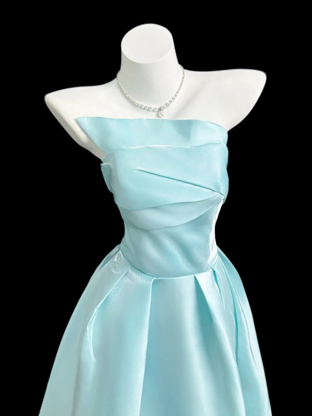 Cute A line Strapless Blue Satin Summer Beach Spring Summer Event Outfits Wedding Guest Dresses RB4358