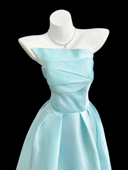 Cute A line Strapless Blue Satin Summer Beach Spring Summer Event Outfits Wedding Guest Dresses RB4358