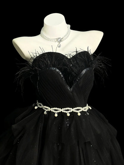 Belle robe de bal bustier noire avec plumes, inspiration pour seniors, robes de remise de diplôme et de bal de promotion N4510