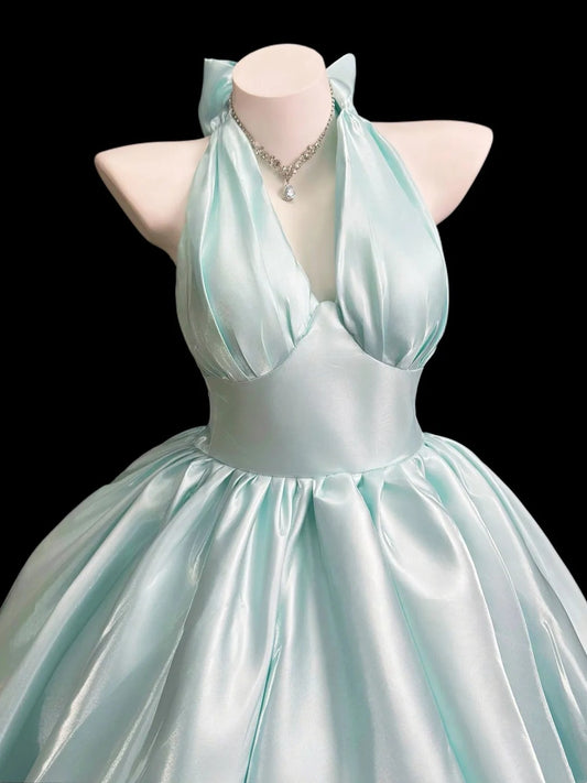 Romantic Ball Gown Halter Light Sage Green Senior Short Graduation High School Homecoming Dresses N4525