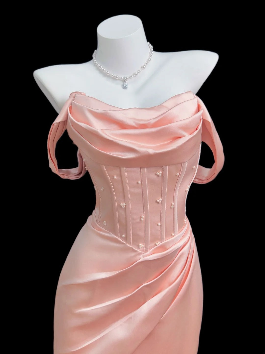 Pretty Mermaid Off The Shoulder Blush Pink Satin Spring Summer Event Outfits Wedding Guest Dresses RB4344