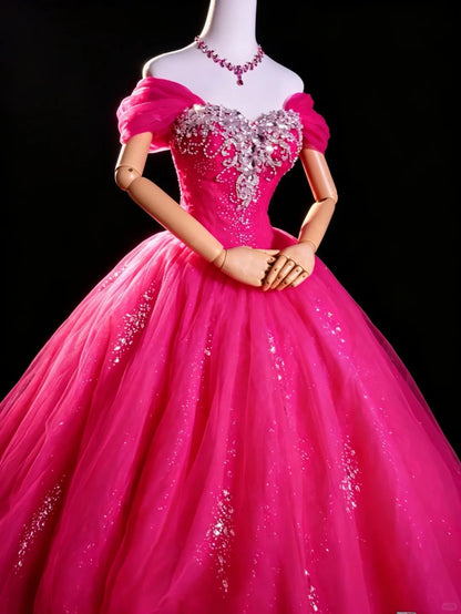 Robe de bal princesse rose vif à épaules dénudées, robe longue pour quinceañera, doux 15 16, Vestido de princesa RB4475