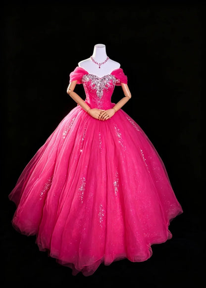Robe de bal princesse rose vif à épaules dénudées, robe longue pour quinceañera, doux 15 16, Vestido de princesa RB4475
