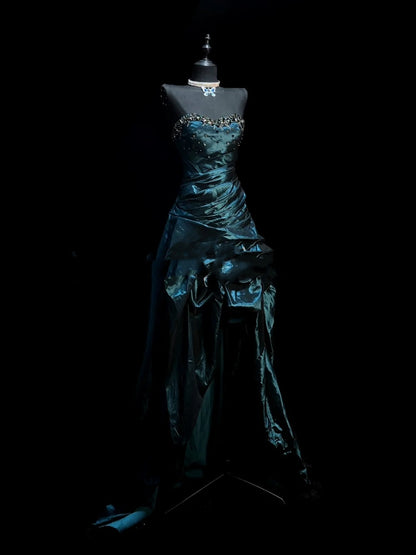 Verspieltes, asymmetrisches, dunkelgrünes langes Ballkleid mit perlenbesetztem Oberteil, Abendkleid N610