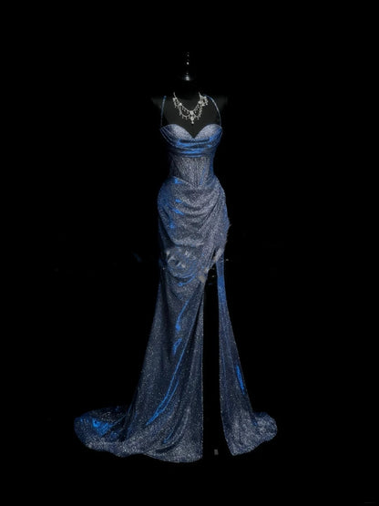 Robe de bal longue sirène élégante à fines bretelles, fente bleu marine et sequins - Robe de soirée formelle - Vestidos De Dia AB615