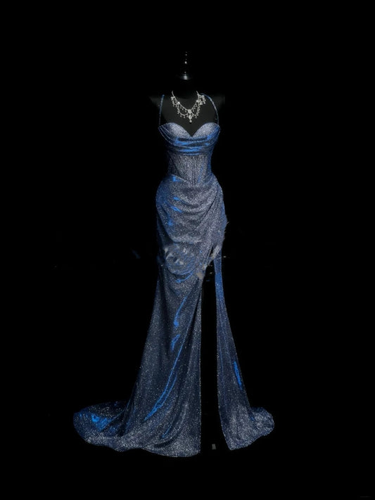 Robe de bal longue sirène élégante à fines bretelles, fente bleu marine et sequins - Robe de soirée formelle - Vestidos De Dia AB615