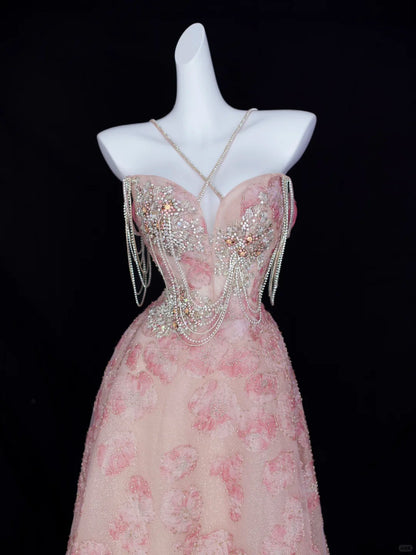 Robe de soirée longue trapèze rose à sequins et perles N2826