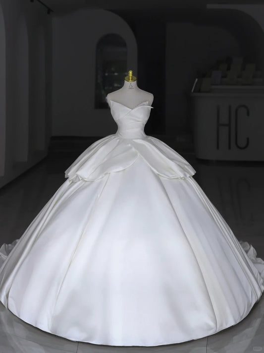 Timeless Wedding Dresses Ball Gown Sweetheart White Satin With Ruffled Long Bridal Gown N2988
