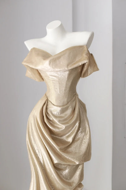 Glitzer-Abschlussballkleider Meerjungfrau schulterfrei Gold Pailletten mit Rüschen langes Abendkleid N2944