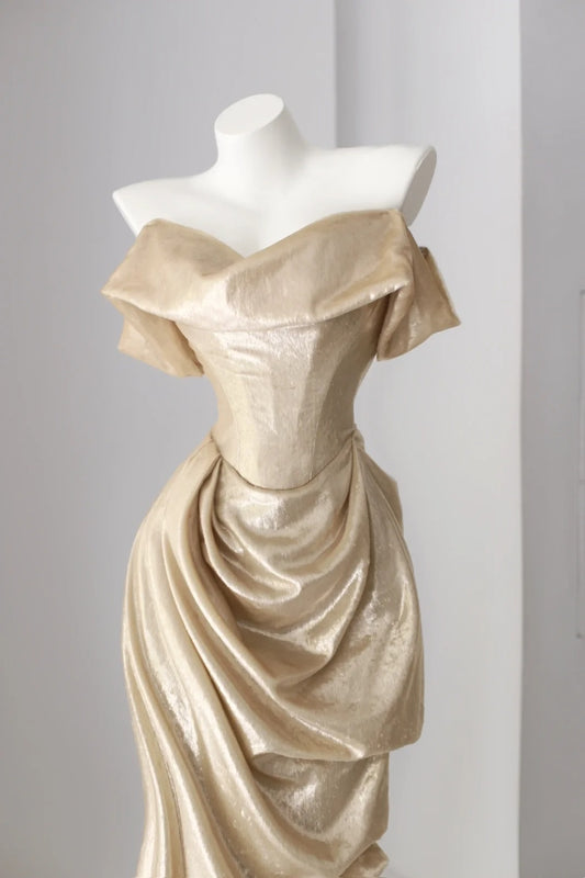 Glitter Prom Dresses Mermaid Off The Shoulder Gold Sequined With Ruffle Long Formal Gown N2944