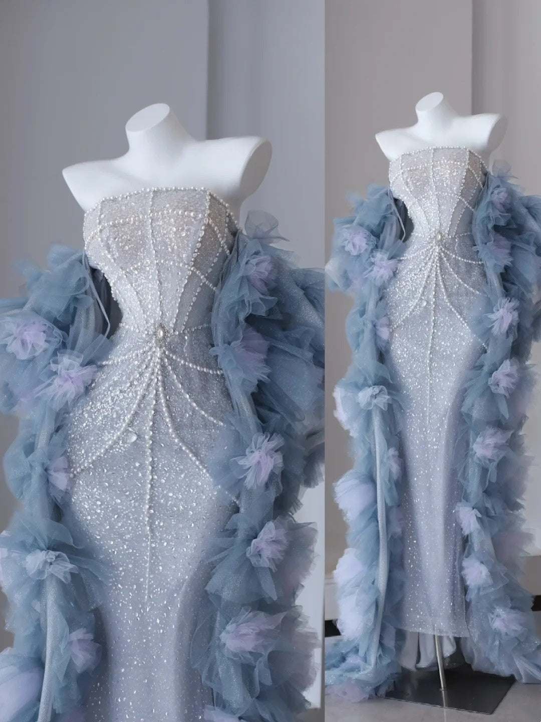 Sparkly Prom Dresses Mermaid Strapless Light Sky Blue Sequined With Beading Long Formal Gown N2921