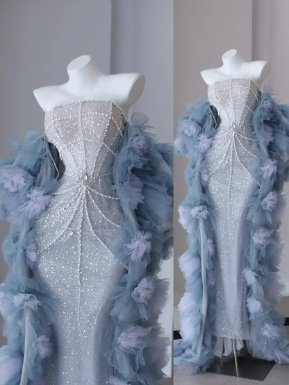 Sparkly Prom Dresses Mermaid Strapless Light Sky Blue Sequined With Beading Long Formal Gown N2921