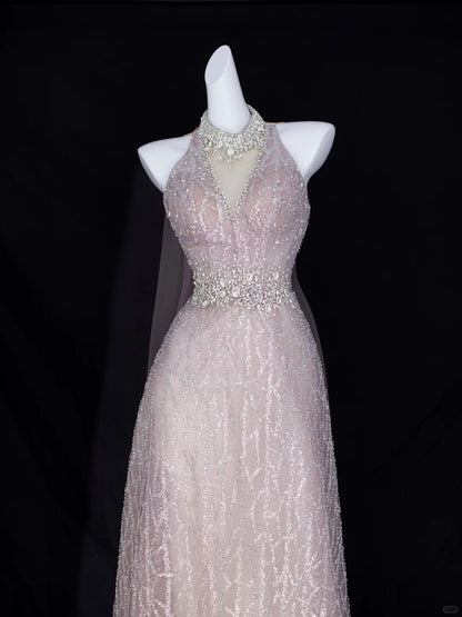 Elegantes A-Linien-Neckholder-Abendkleid in Rouge mit Perlenstickerei Pailletten Geburtstag Ballkleider N2829