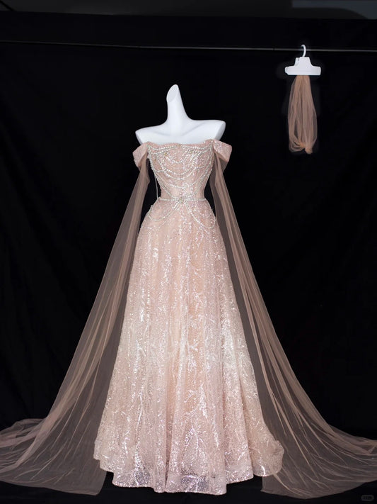 Elegant A Line Off The Shoulder Blush Pink With Short Sleeves Formal Dress Sequin Birthday Prom Dresses N2828