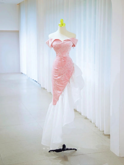 Robe de bal sirène scintillante à sequins roses, épaules dénudées, robe de soirée, tenue d'anniversaire, robe de graduation N2845